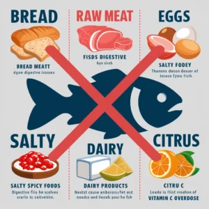 Foods You Should Avoid Giving Your Fish bread, raw meat, eggs, salty and spicy foods, dairy products, citrus